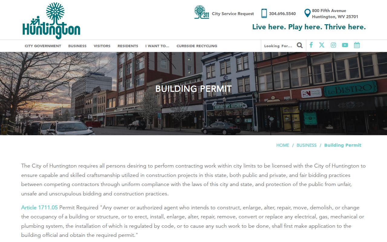 Huntington building-permit page with permit requirements, application route, fee, and contact information