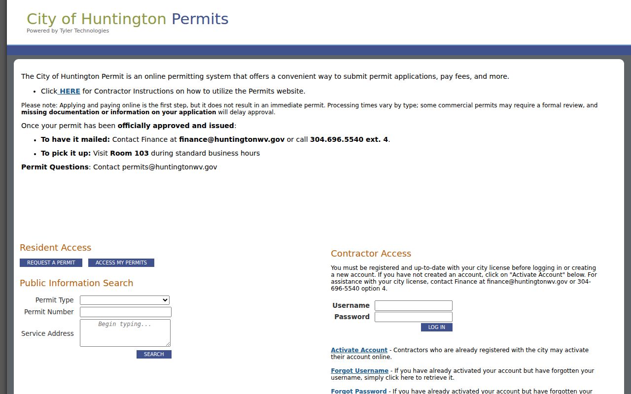 Huntington Tyler public information permit search with permit type, permit number, and service address fields