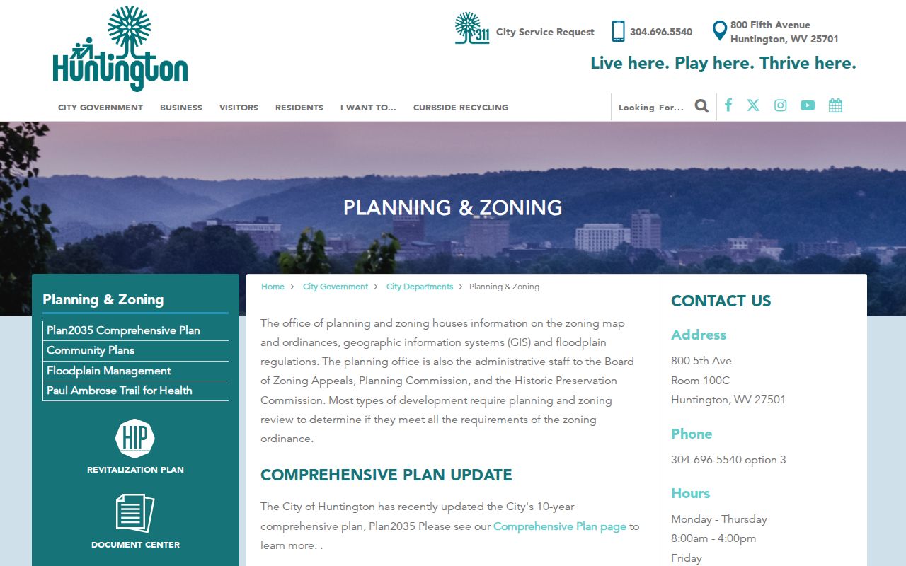 Huntington Planning and Zoning page for zoning-map and city-boundary lookup with floodplain and historic-preservation information