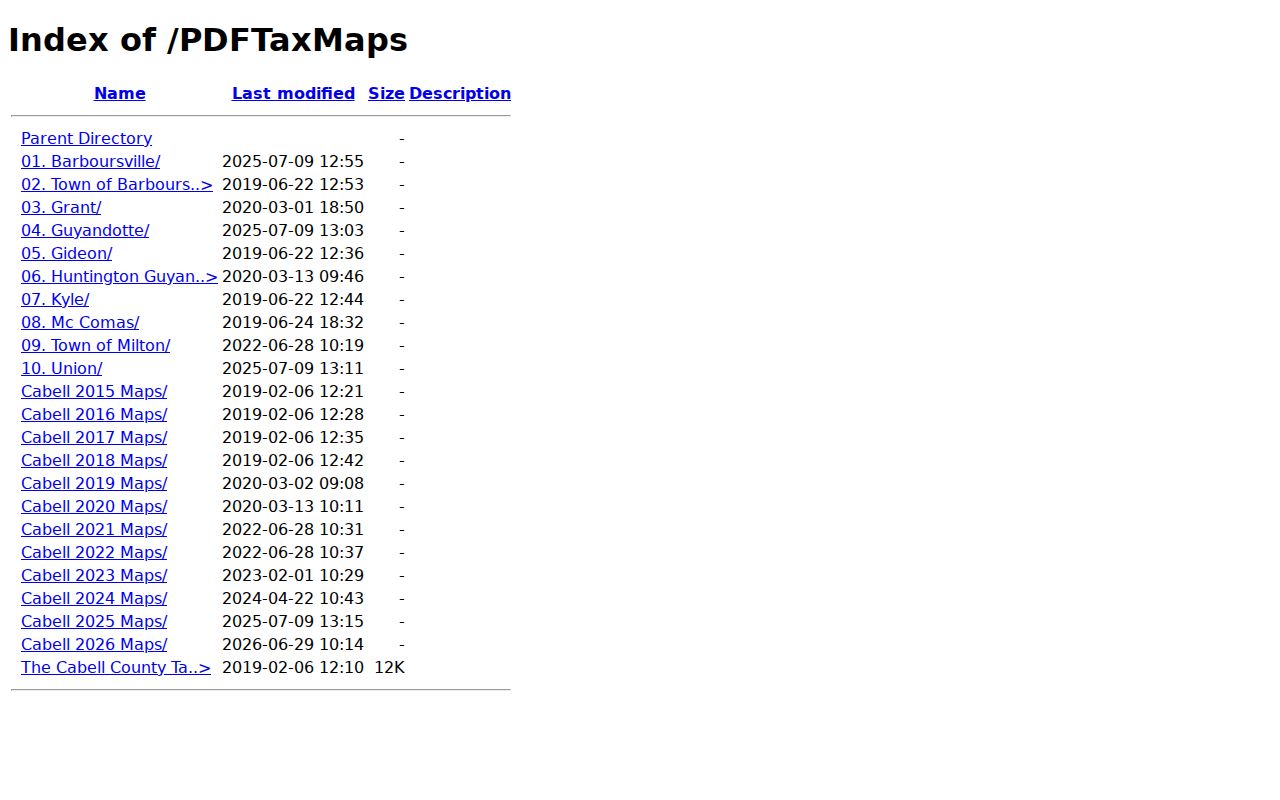 Cabell County annual tax-map directory listing year-based PDF map folders
