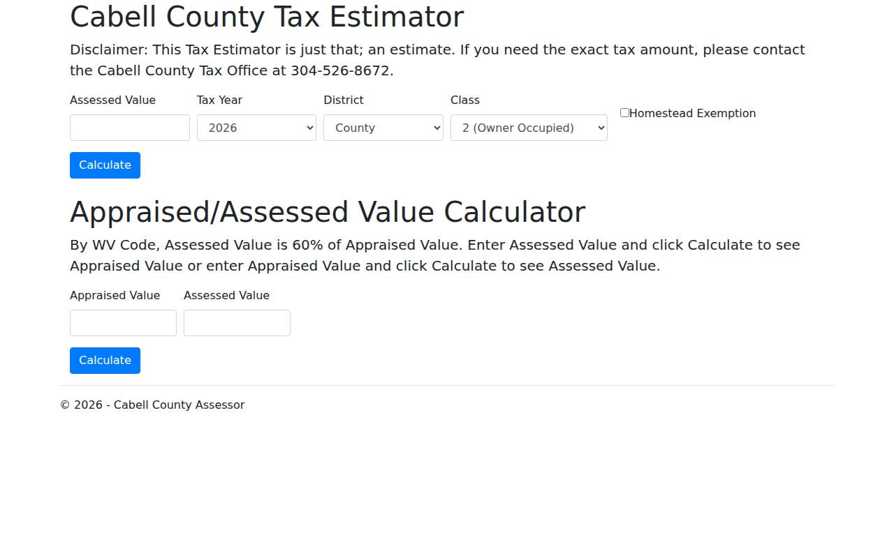 Cabell County estimator screen showing assessed value, year, district, class, and homestead inputs