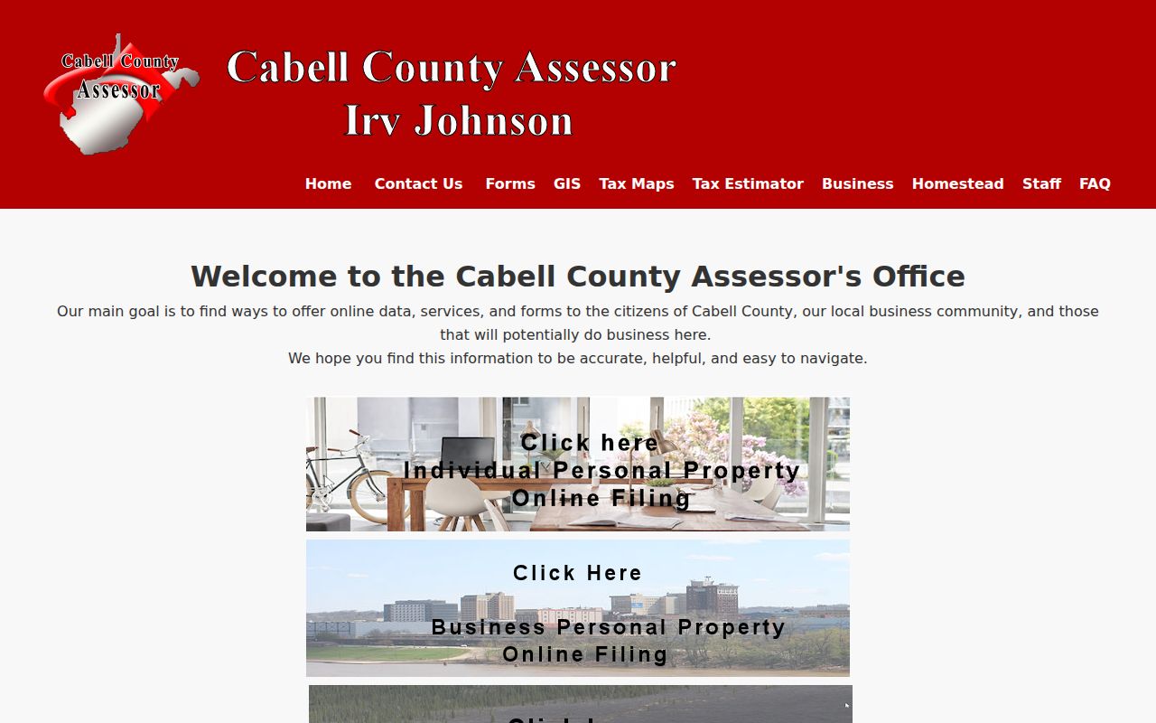 Cabell County Assessor home page showing links to GIS, tax maps, forms, homestead information, and the estimator
