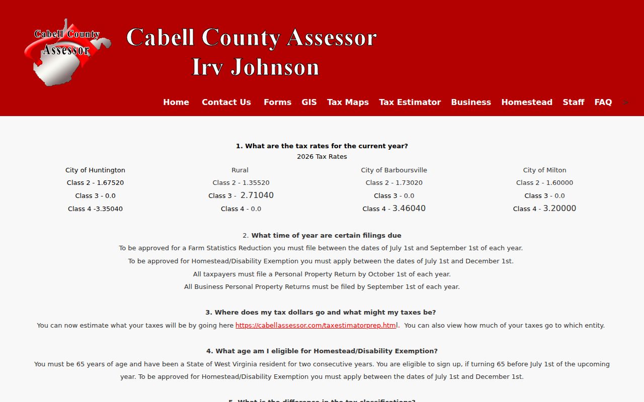 Cabell County Assessor FAQ showing 2026 property classes, rates, filing dates, and valuation guidance